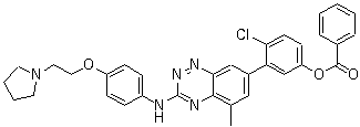 structure of CAS# 867331-82-6, 4-Chloro-3-[5-methyl-3-[[4-[2-(1-pyrrolidinyl)ethoxy]phenyl]amino]-1,2,4-benzotriazin-7-yl]phenol 1-benzoate