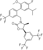 structure of CAS# 875446-37-0, MK 0859;Anacetrapib; (4S,5R)-5-[3,5-Bis(trifluoromethyl)phenyl]-3-[[4'-fluoro-5'-isopropyl-2'-methoxy-4-(trifluoromethyl)biphenyl-2-yl]methyl]-4-methyl-1,3-oxazolidin-2-one