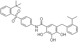 N-[4-(2-叔丁基苯磺酰基)苯基]-2,3,4-三羟基-5-(2-异丙基苯基甲基)苯甲酰胺分子结构 (CAS 877877-35-5)