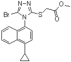 structure of CAS# 878671-99-9, Methyl 2-[[5-bromo-4-(4-cyclopropylnaphthalen-1-yl)-4H-1,2,4-triazol-3-yl]thio]acetate