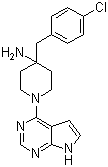 structure of CAS# 885499-61-6, CCT 128930;4-[(4-Chlorophenyl)methyl]-1-(7H-pyrrolo[2,3-d]pyrimidin-4-yl)-4-piperidinamine