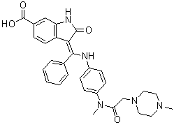 structure of CAS# 894783-71-2, BIBF 1202;(3Z)-2,3-Dihydro-3-[[[4-[methyl[(4-methyl-1-piperazinyl)acetyl]amino]phenyl]amino]phenylmethylene]-2-oxo-1H-indole-6-carboxylic acid