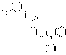 structure of CAS# 900186-73-4, (2E)-3-(5-Nitro-1-cyclohexen-1-yl)-2-propenoic acid (1R,2Z)-4-(diphenylamino)-1-methyl-4-oxo-2-buten-1-yl ester