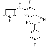 structure of CAS# 905586-69-8, AZ 960;5-Fluoro-2-[[(1S)-1-(4-fluorophenyl)ethyl]amino]-6-[(5-methyl-1H-pyrazol-3-yl)amino]-3-pyridinecarbonitrile