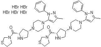 structure of CAS# 906093-29-6, 3-[[(2S,4S)-4-[4-(3-Methyl-1-phenyl-1H-pyrazol-5-yl)-1-piperazinyl]-2-pyrrolidinyl]carbonyl]-thiazolidine hydrobromide (2:5)