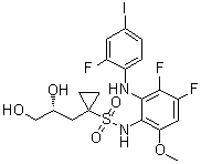 structure of CAS# 923032-38-6, N-[3,4-Difluoro-2-[(2-fluoro-4-iodophenyl)amino]-6-methoxyphenyl]-1-[(2R)-2,3-dihydroxypropyl]cyclopropanesulfonamide