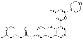 structure of CAS# 925701-46-8, (2R,6S)-rel-2,6-Dimethyl-N-[5-[6-(4-morpholinyl)-4-oxo-4H-pyran-2-yl]-9H-thioxanthen-2-yl]-4-morpholineacetamide