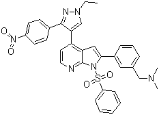 结构式 CAS# 942920-68-5, 3-[4-[1-乙基-3-(4-硝基苯基)-1H-吡唑-4-基]-1-(苯磺酰基)-1H-吡咯并[2,3-b]吡啶-2-基]-N,N-二甲基苯甲胺