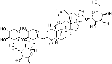 structure of CAS# 94987-08-3, Gypenoside XLIX;(3beta)-3-[(O-6-Deoxy-alpha-L-mannopyranosyl-(1-2)-O-[beta-D-xylopyranosyl-(1-3)]-alpha-L-arabinopyranosyl)oxy]-21-(beta-D-glucopyranosyloxy)-20-hydroxy-dammar-24-en-19-al