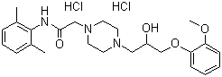 结构式 CAS# 95635-56-6, 盐酸雷诺嗪; N-(2,6-二甲基苯基)-4-[2-羟基-3-(2-甲氧苯氧基)丙基]-1-哌嗪乙酰胺盐酸盐
