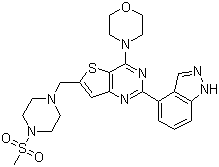 structure of CAS# 957054-30-7, GDC-0941;2-(1H-Indazol-4-yl)-6-[[4-(methylsulfonyl)-1-piperazinyl]methyl]-4-(4-morpholinyl)thieno[3,2-d]pyrimidine
