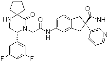 structure of CAS# 957118-49-9, MK 3207;(8R)-8-(3,5-Difluorophenyl)-10-oxo-N-[(2R)-1,1',2',3-tetrahydro-2'-oxospiro[2H-indene-2,3'-[3H]pyrrolo[2,3-b]pyridin]-5-yl]-6,9-diazaspiro[4.5]decane-9-acetamide