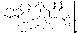 structure of CAS# 958261-50-2, PCDTBT;Poly[[9-(1-octylnonyl)-9H-carbazole-2,7-diyl]-2,5-thiophenediyl-2,1,3-benzothiadiazole-4,7-diyl-2,5-thiophenediyl]