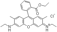 structure of CAS# 989-38-8, Basic Red 1;C.I. 45160; Rhodamine 6G; Ethyl 2-(6-(ethylamino)-3-(ethylimino)-2,7-dimethyl-3H-xanthen-9-yl)benzoate monohydrochloride